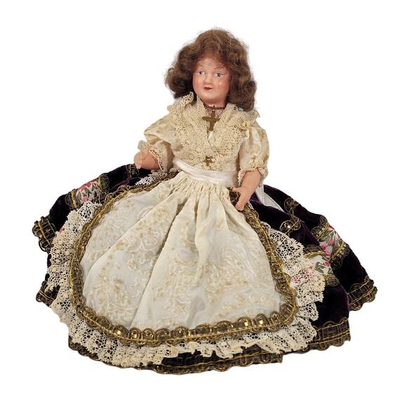 Vintage 7"  Folk Doll with Purple Velvet Dress and Lace Details - Picture 1 of 13